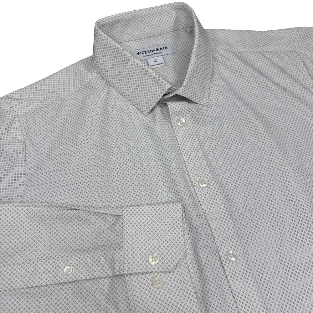 Mizzen + Main Dress Shirt Mens XL Trim Fit White Green Geometric Performance